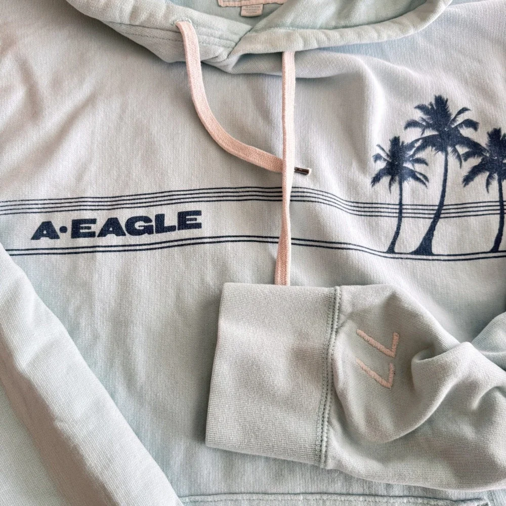 Vtg American Eagle Bonfire Hoodie M Seafoam Palm Tree‎ Graphic Y2K Pullover